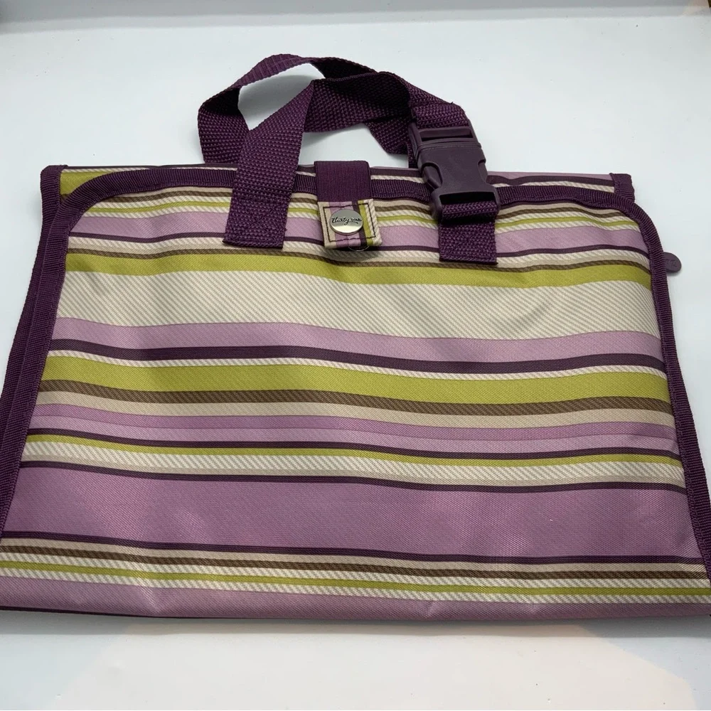 Thirty-One Pink and Green Striped hanging makeup bag snap closure
